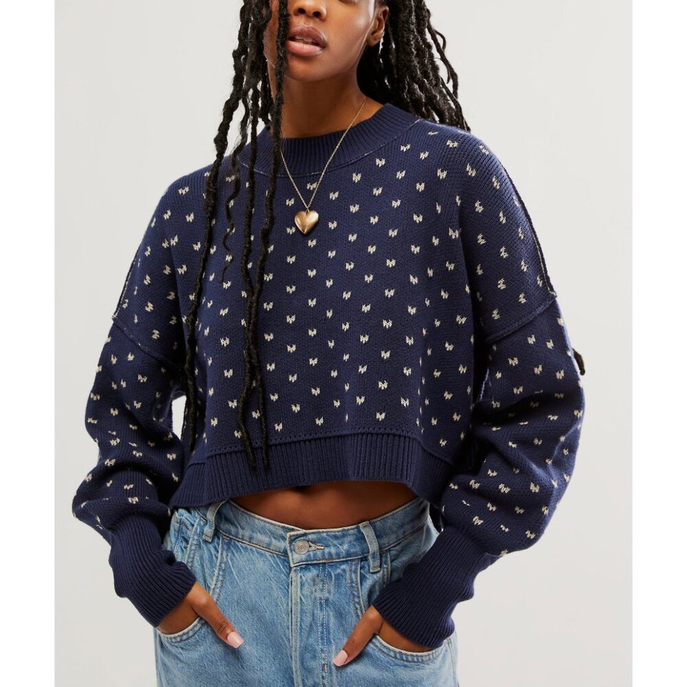Free People Navy Blue Cropped Crewneck Sweater with Cream Dot Pattern